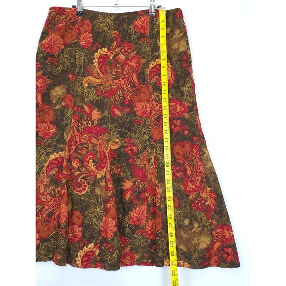 RQT Midi Trumpet Skirt Paisley Floral Women‎ 14 Olive Reds Mature Office Retro - Picture 4 of 10